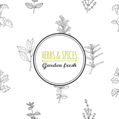 Round label template on seamless pattern with spicy herbs