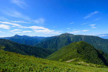 Main ridge of the southern Japan Alps, view from the peak of Mt.Kaikomagatake in Japan
