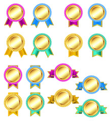 set of rosette golden badges with ribbons. vector