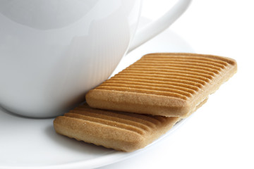 Obraz na płótnie Canvas Two square Italian shortbread honey and milk biscuits with ridges, resting on white saucer next to cup.