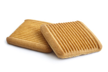 Two square Italian shortbread  honey and milk biscuits with ridges, isolated on white in perspective.