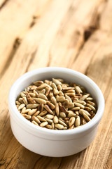 Roasted sunflower seeds in small bowl, photographed on wood with natural light (Selective Focus, Focus in the middle of the seeds)