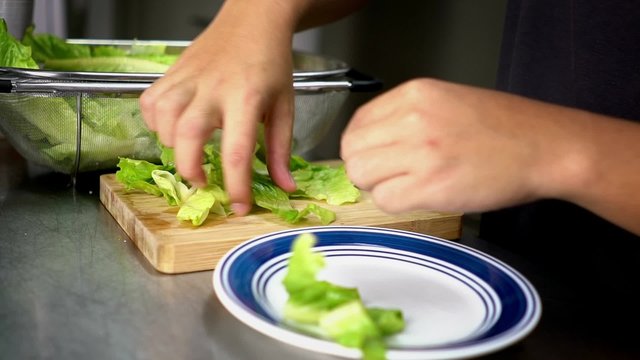 Man Plating Chopped Lettuce on Plate 60 fps