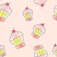 seamless pattern with hand drawn cupcakes
