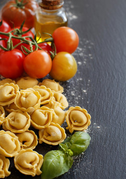 Fresh tortellini and ingredients