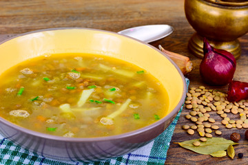 Healthy and Diet Food: Soup with Lentils and Sausage.