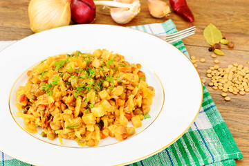 Braised Cabbage with Caraway Seeds and Lentils