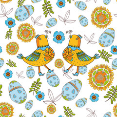 Easter seamless vector pattern with birds, flowers, bunches and eggs. Bright colorful cartoon style birds and flowers. Elements for easter decoration.