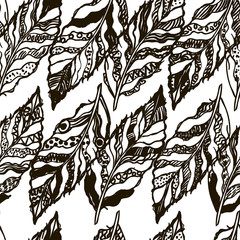 Vector seamless texture with hand-drawn feathers on the white background. Seamless background pattern with abstract feathers. Vector illustration.