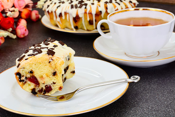 Easter Cake with White Icing, Tea and Chocolate
