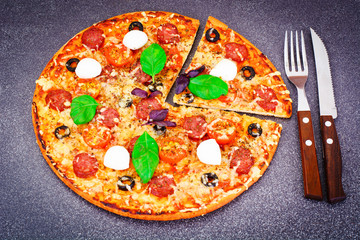 Pepperoni Pizza with Sausage, Cheese, Mozzarella, Olives and Bas