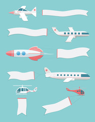 Flying airplanes, rocket, helicopters with banners for your text