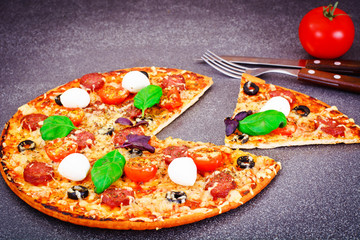 Pepperoni Pizza with Sausage, Cheese, Mozzarella, Olives and Bas