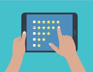 flat desing of  hands holding a tablet and touching it to making a feedback, vote, review and rate. the illustration can be used in many topic like requesting the opinion of customers.