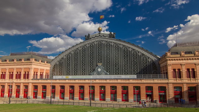 Puerta De Atocha train station building timelapse hyperlapse in Madrid, Spain. 