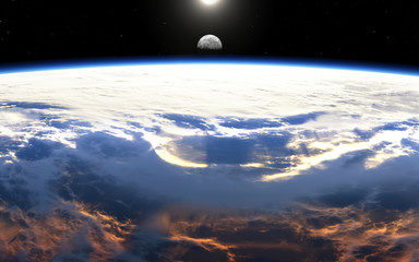 Earth sunrise with clouds, moon and stars