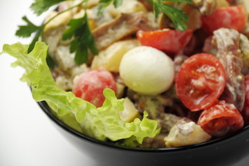 Meat salad. / Salad with chicken and vegetables.