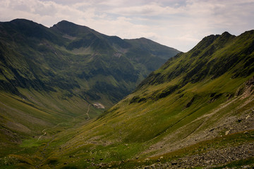 Fototapeta premium Mountainside with green grass, valley and small path, Carpathian Mountains in Romania