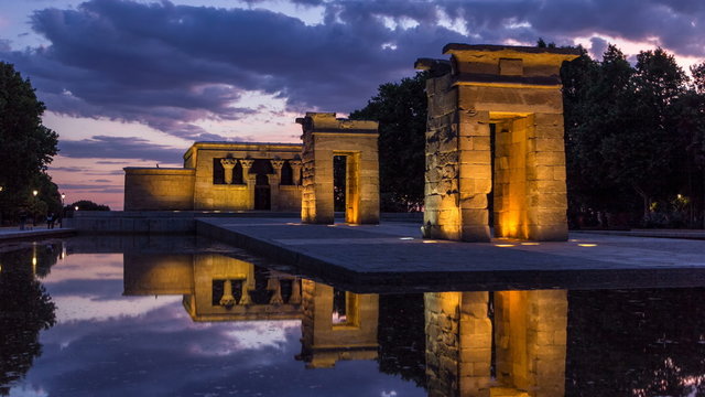 Sunset over the Templo de debod timelapse. The Temple of Debod is an ancient Egyptian temple which was rebuilt in Madrid, Spain.