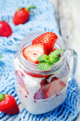 homemade healthy Chia seeds and strawberry overnight oatmeal in