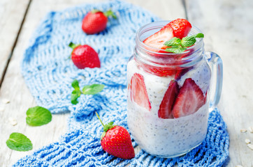 homemade healthy Chia seeds and strawberry overnight oatmeal in