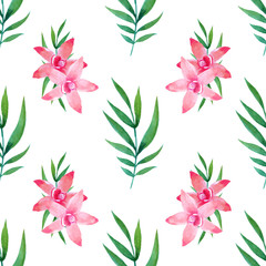 Watercolor seamless pattern of exotic flowers. 