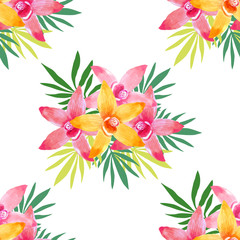 Watercolor seamless pattern of exotic flowers. 