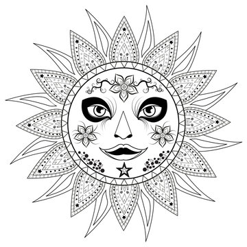 Stylized decorated sun vector isolated on white, sole stilizzato decorato in bianco e nero vettoriale