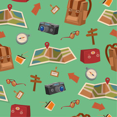 Seamless Pattern of Camping Elements with Baggage, Travel Accessories