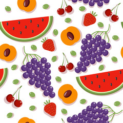 Seamless Patterns with Different Berries and Fruits: Cherry, Apricot, Watermelon, Grapes