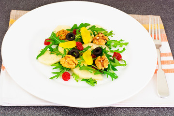 Arugula, Pear, Walnut, Dried Cherry, Olives, Egg Yolk