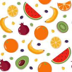 Fruits Seamless Pattern with Watermelon, Orange, Lemon, Kiwi, Avocado