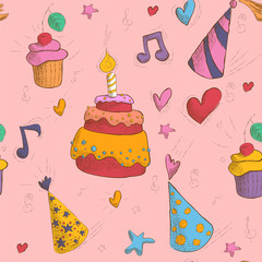 Happy Birthday Seamless Pattern with Cake, Cupcakes and Hats for Children Party