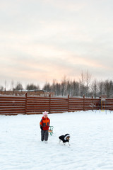 girl and dog sledding in backyard