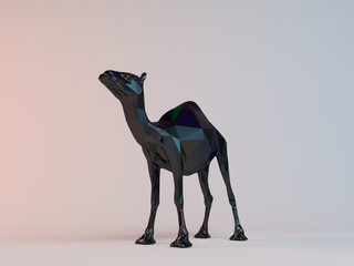 Fototapeta premium 3D black low poly (camel) inside a white stage with high render quality to be used as a logo, medal, symbol, shape, emblem, icon, children story, or any other use.