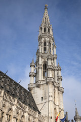 Fototapeta na wymiar Tower of City Hall, Gran Place - Main Square, Brussels