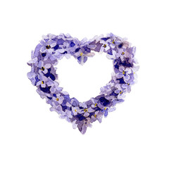 Watercolor lilac wreath in form of heart