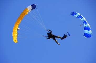 Two skydivers flying