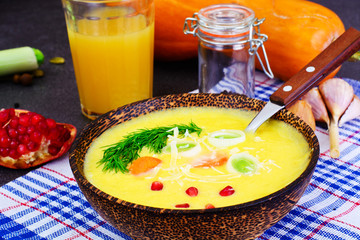 Diet and Healthy Organic Food: Pumpkin Soup with Leek