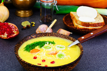 Diet and Healthy Organic Food: Pumpkin Soup with Leek