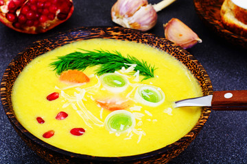 Diet and Healthy Organic Food: Pumpkin Soup with Leek