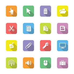 colorful web icon set 3 on rounded rectangle with long shadow