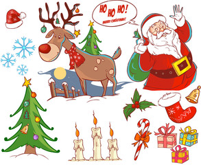 Christmas collection. New year colorful sketches set. Cute santa