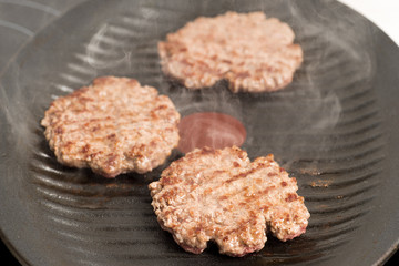 Fresh meat cutlets in a frying pan grill