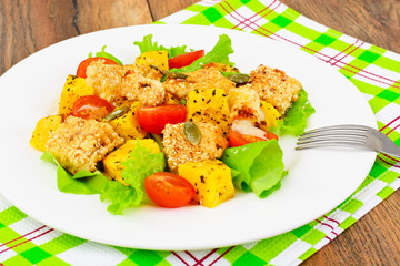 Pumpkin Salad, Suluguni Fried in Sesame, Pumpkin Seeds, Cherry T