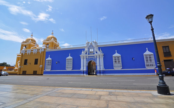 TRUJILLO, PERU - Colourful colonial style buildings surrounding the Plaza de Armas in Trujillo, Peru.