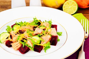 Salad with Beets, Salmon, Cucumber, Arugula, Lemon Zest, Orange,
