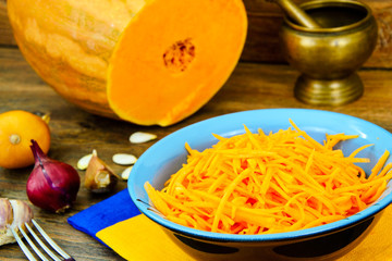 Pumpkin salad, salt, sugar, onion, garlic, vegetable oil, balsam