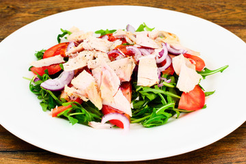 Salad with Arugula, Tomatoes, Turkey Breast, Grape Seed Oil, Soy