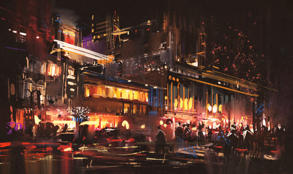 painting of shopping street city with colorful nightlife